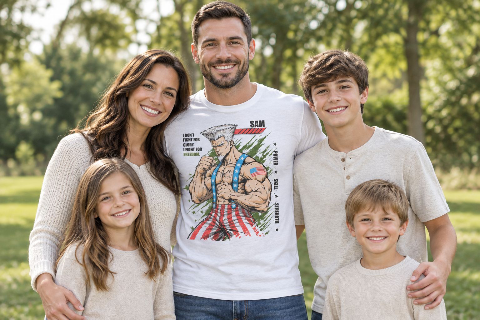 White patriotic T-shirt worn with neutral outfits in a family photo