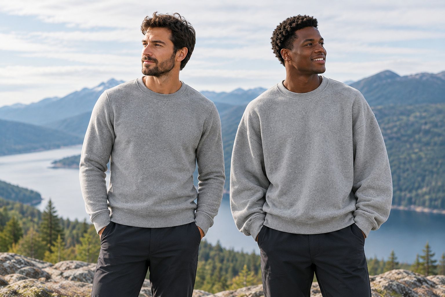Regular and oversized fleece crewnecks showing differences in shoulder placement, sleeves, and body width
