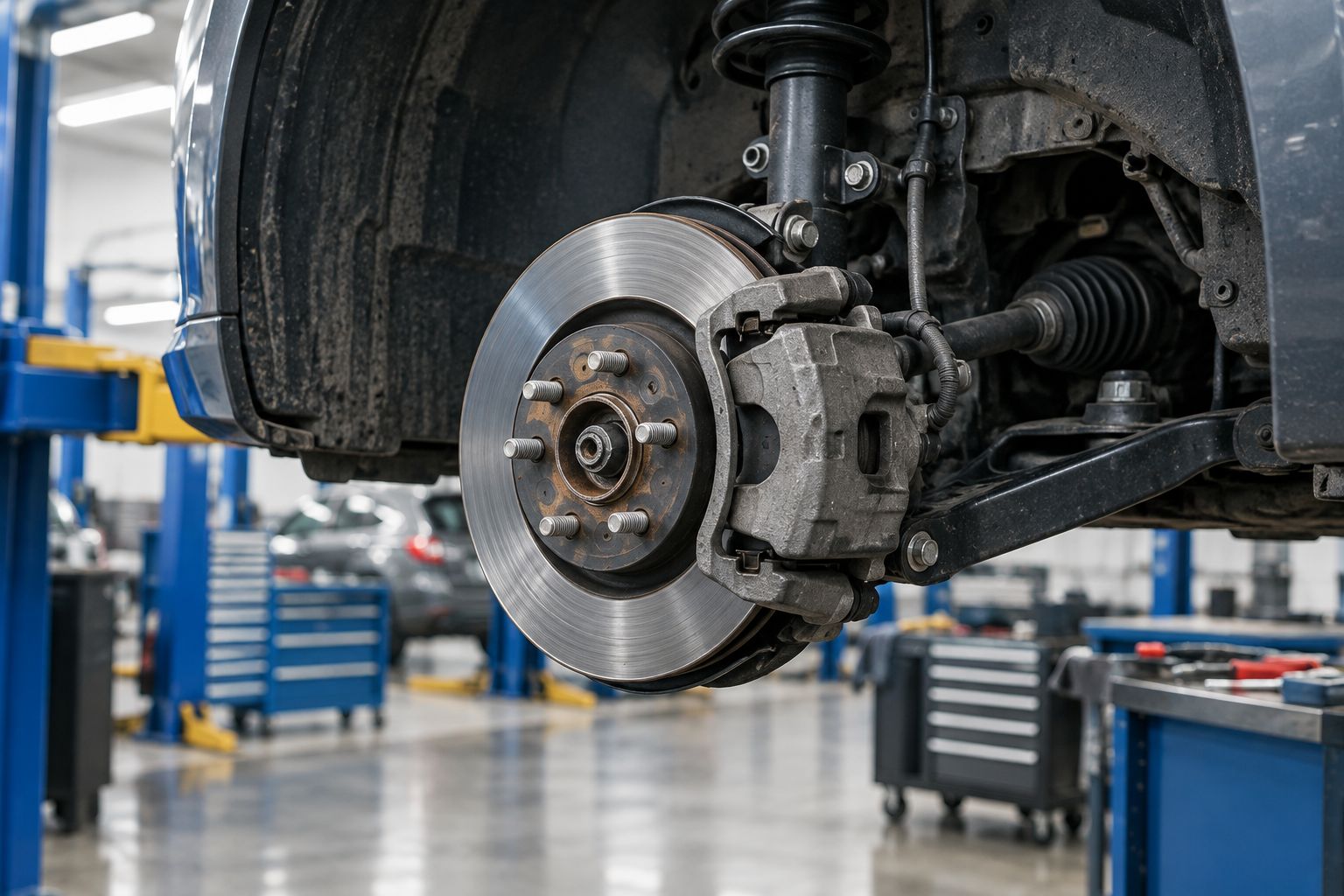 Brake rotor, caliper, and suspension components visible with a vehicle wheel removed