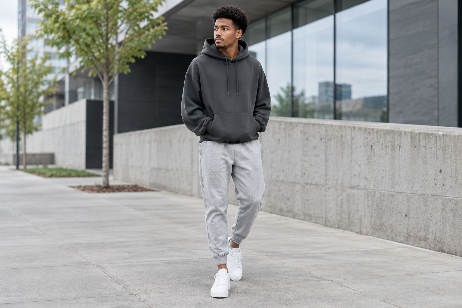 A loose hoodie paired with tapered joggers and sneakers, showing contrasting proportions.