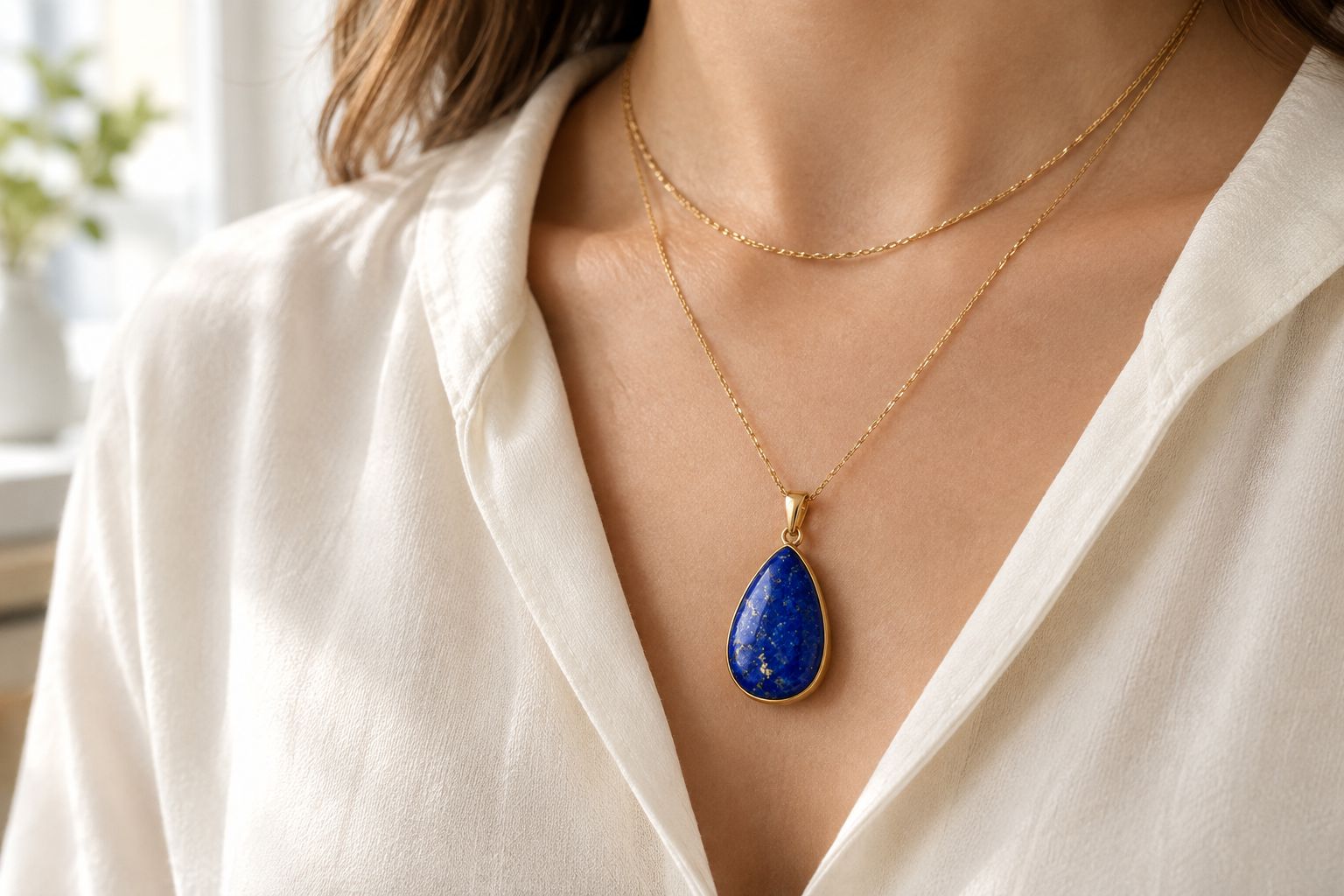 A blue gemstone pendant below a separate fine chain over a cream blouse