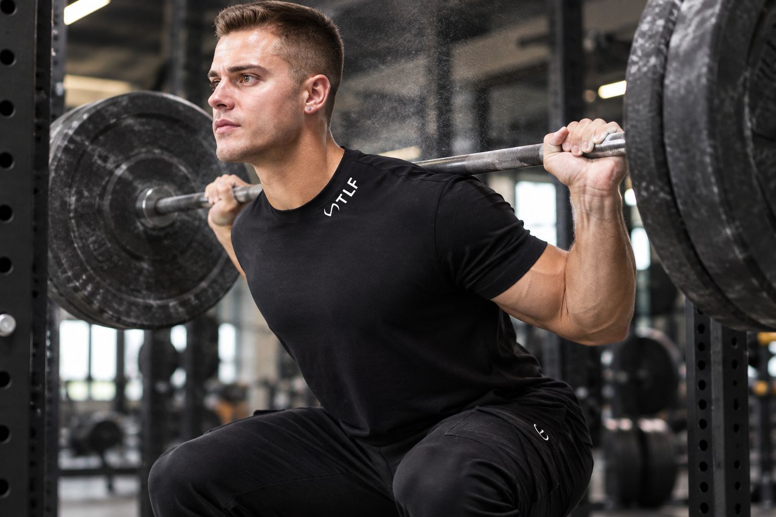 Man wearing a TLF graphic tee during a squat-rack training session