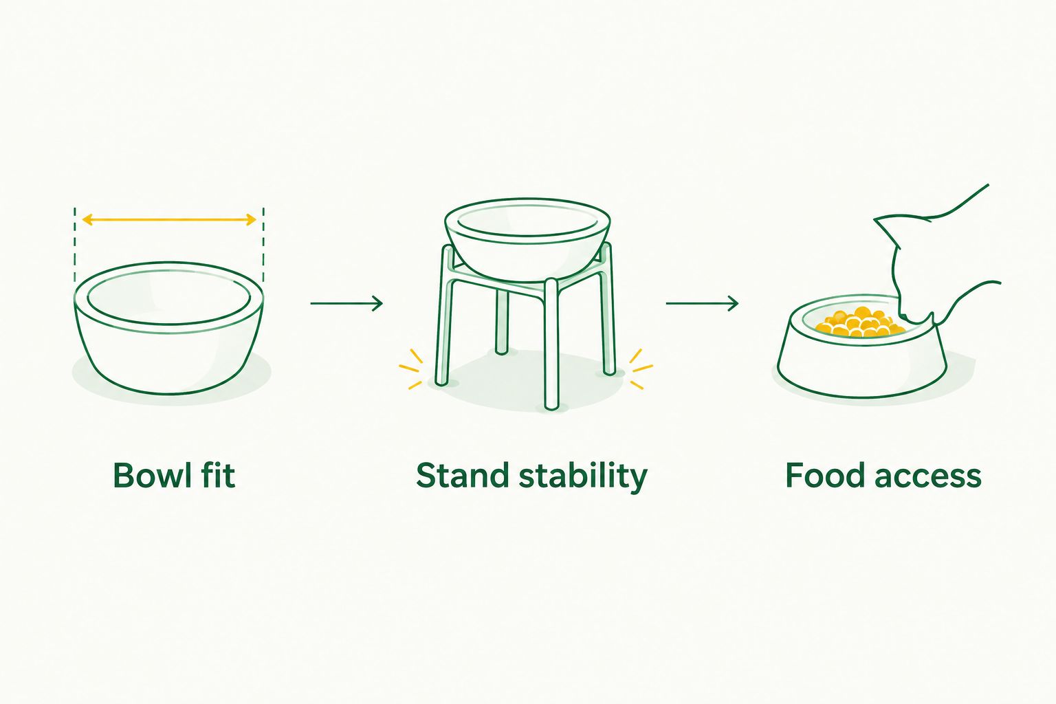 Three setup checks: bowl fit, stand stability, and food access
