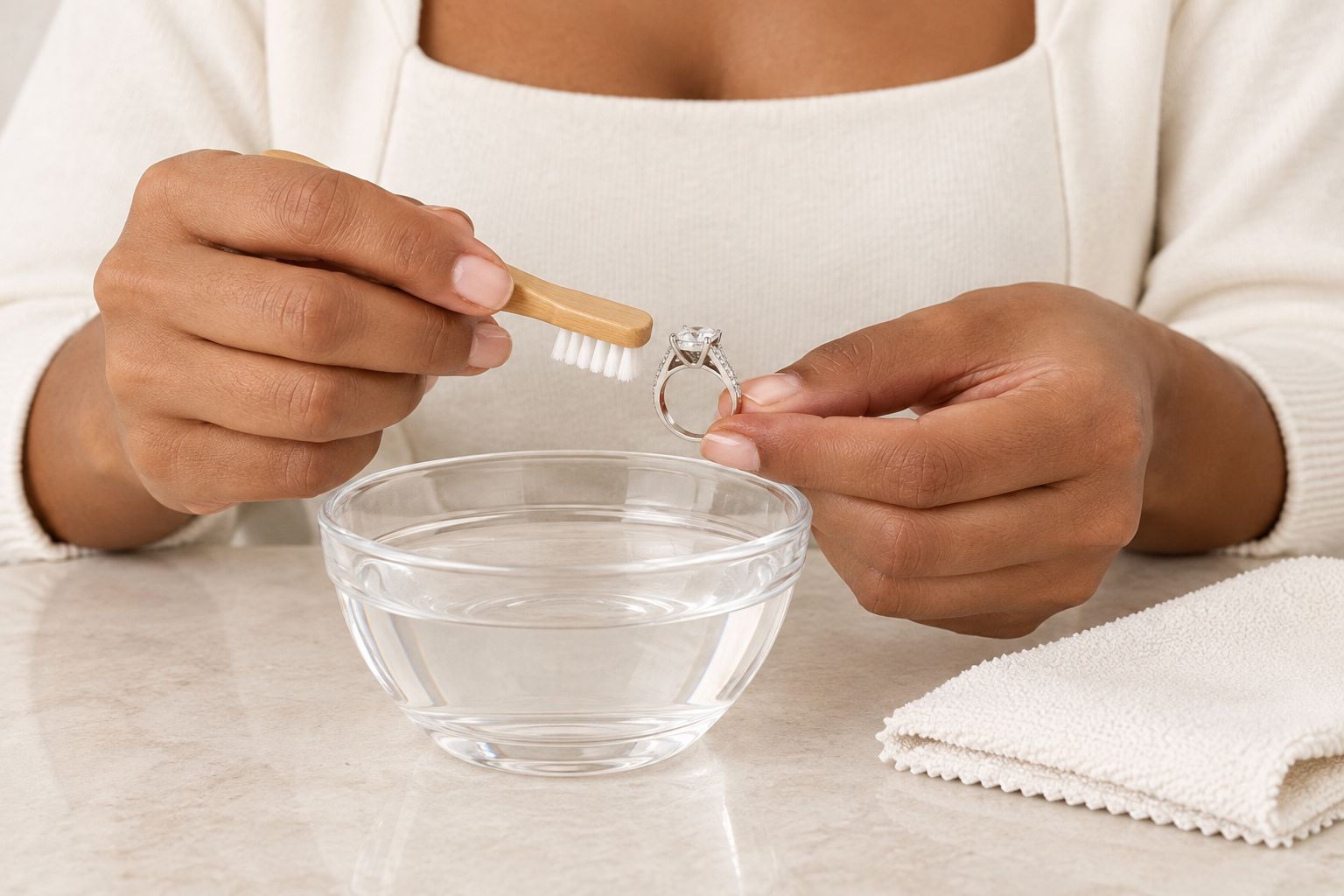 Gentle brushing beneath a gemstone ring’s setting over a small bowl