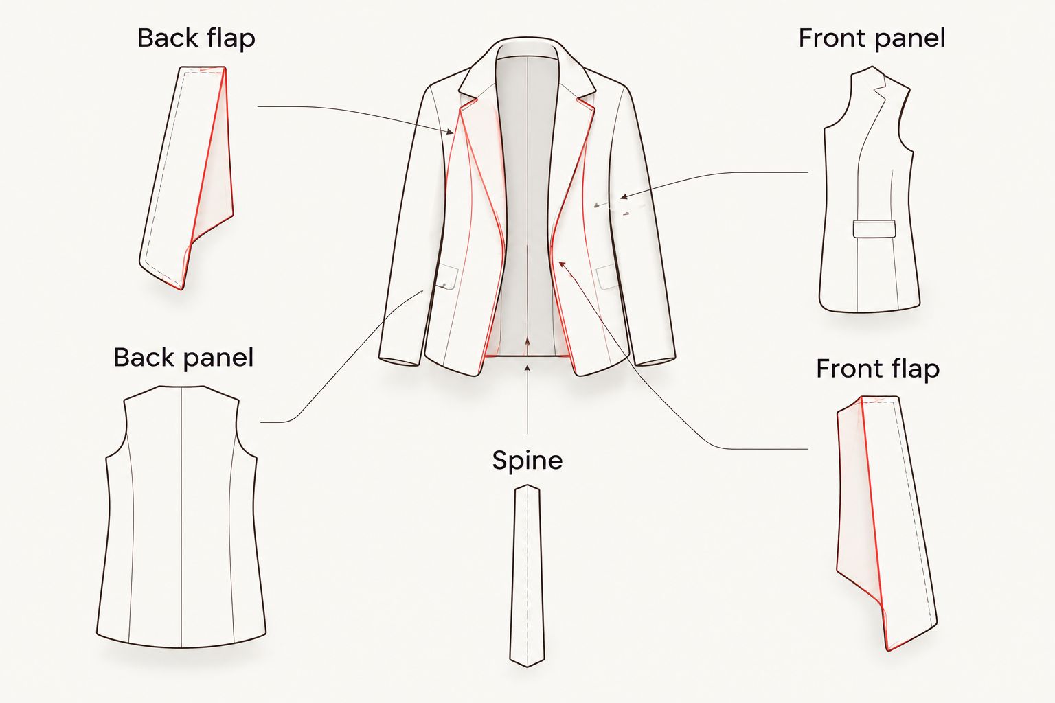 Jacket layout areas showing the back flap, back panel, spine, front panel, and front flap.