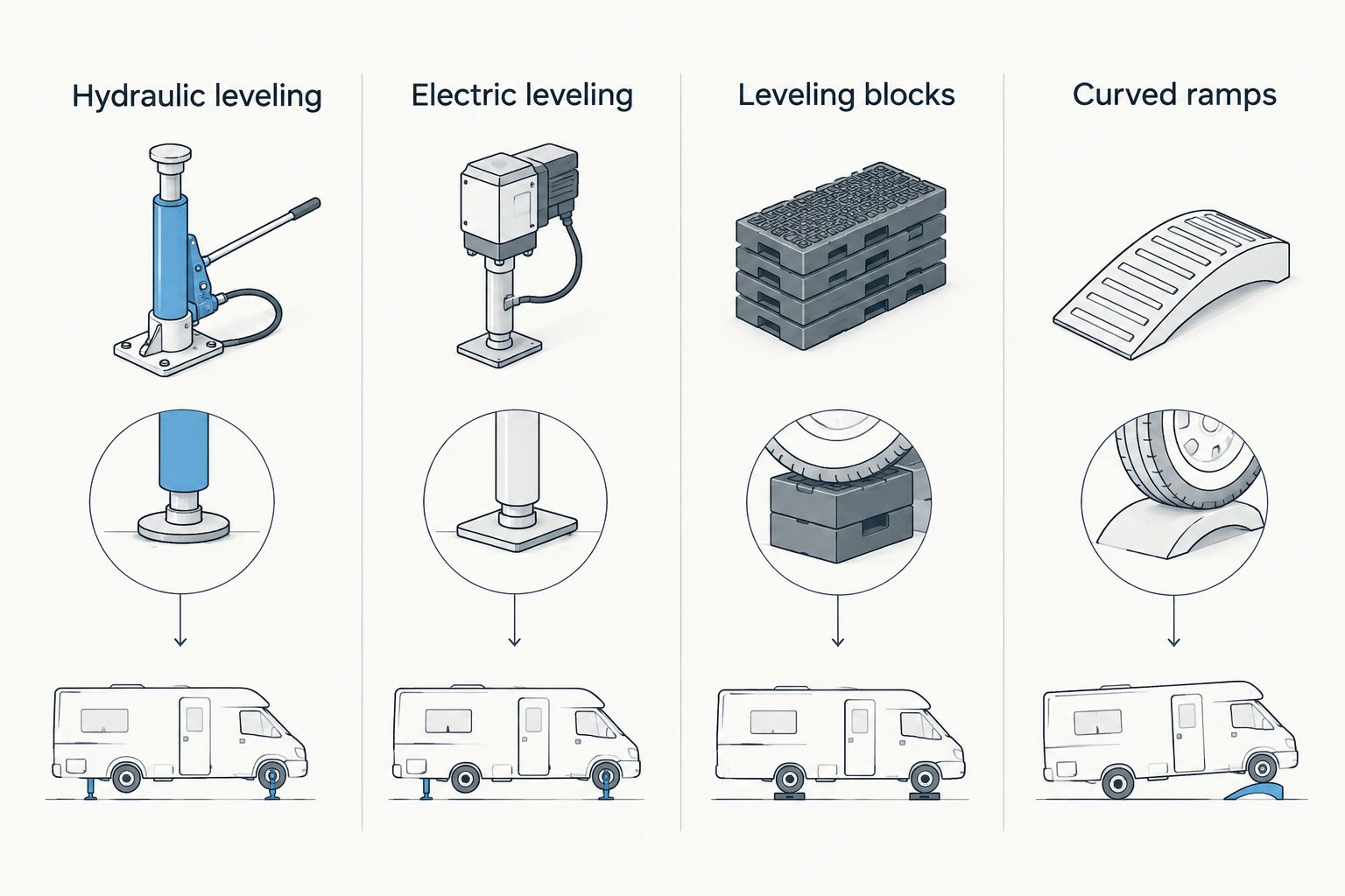 Four RV leveling options: hydraulic jacks, electric jacks, blocks, and curved ramps