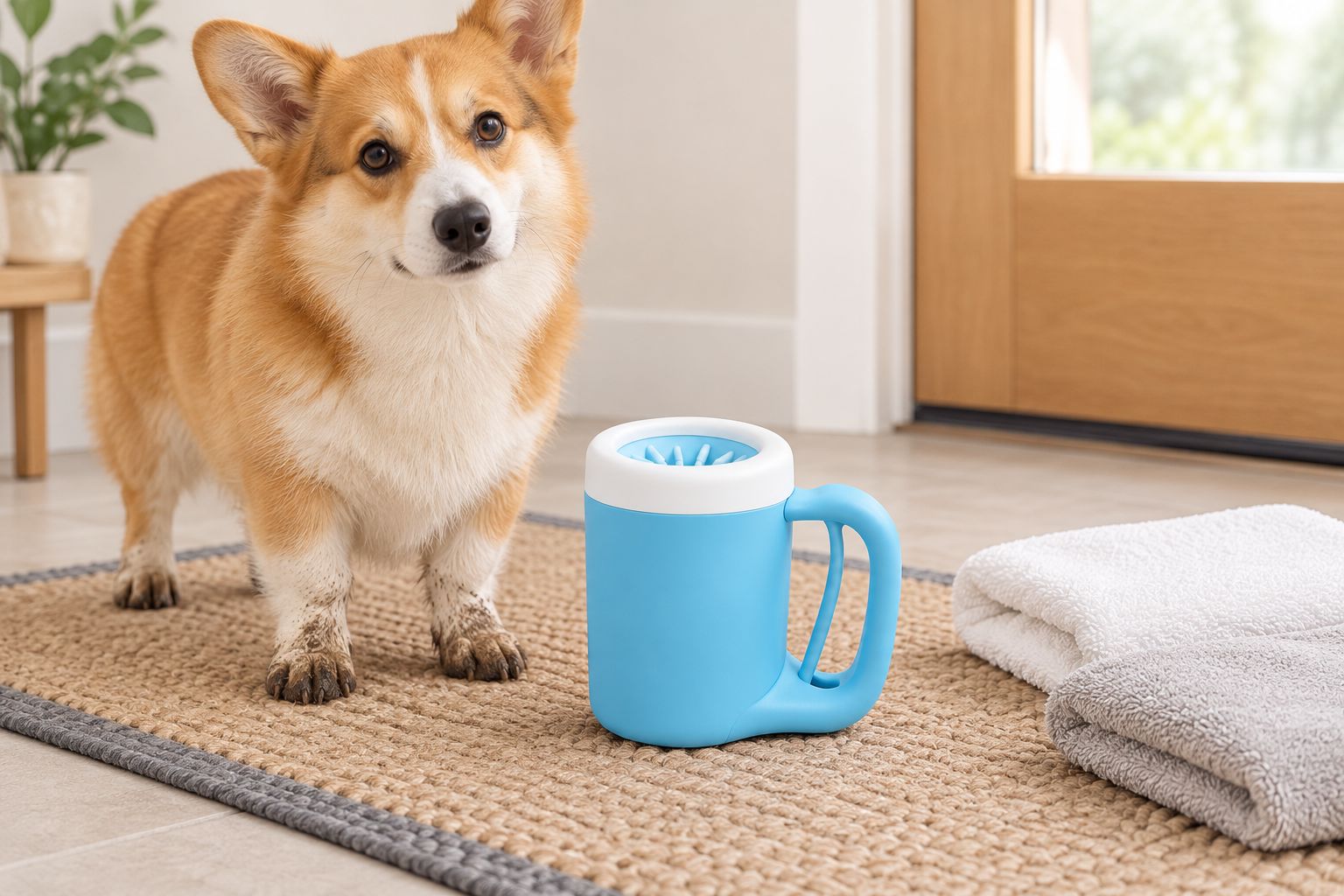 Paw-cleaning cup and separate towels arranged on a washable mat near a doorway