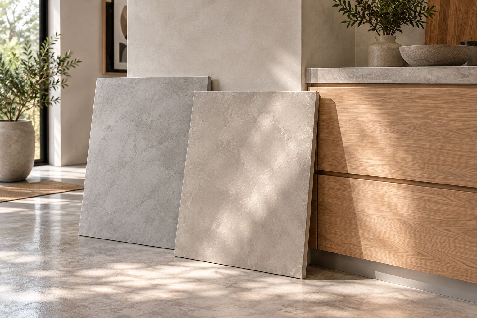 Decorative cement wall samples showing different textures beside cabinetry and flooring