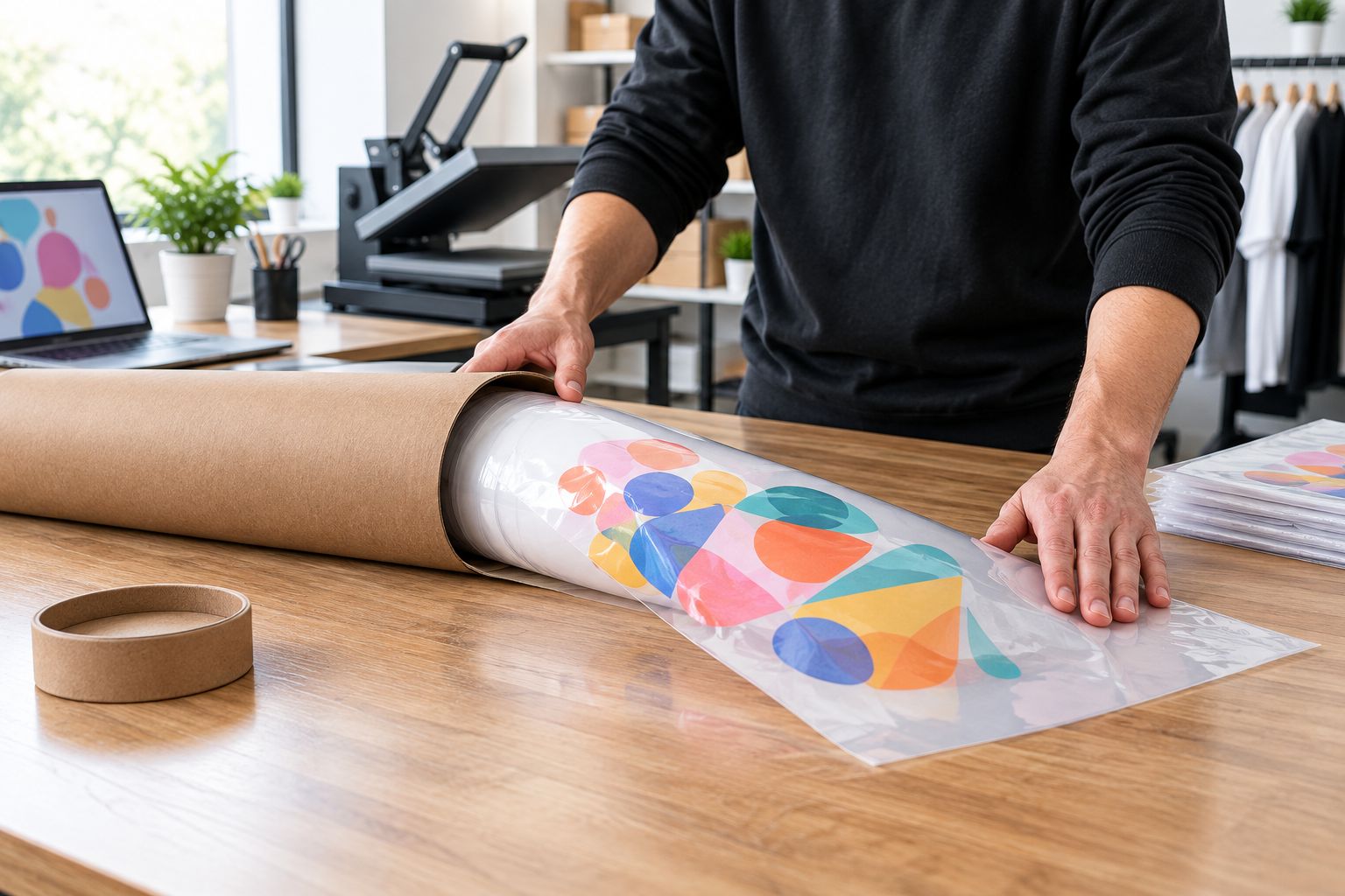 Rolled DTF gang sheet being unrolled from a shipping tube in a print shop
