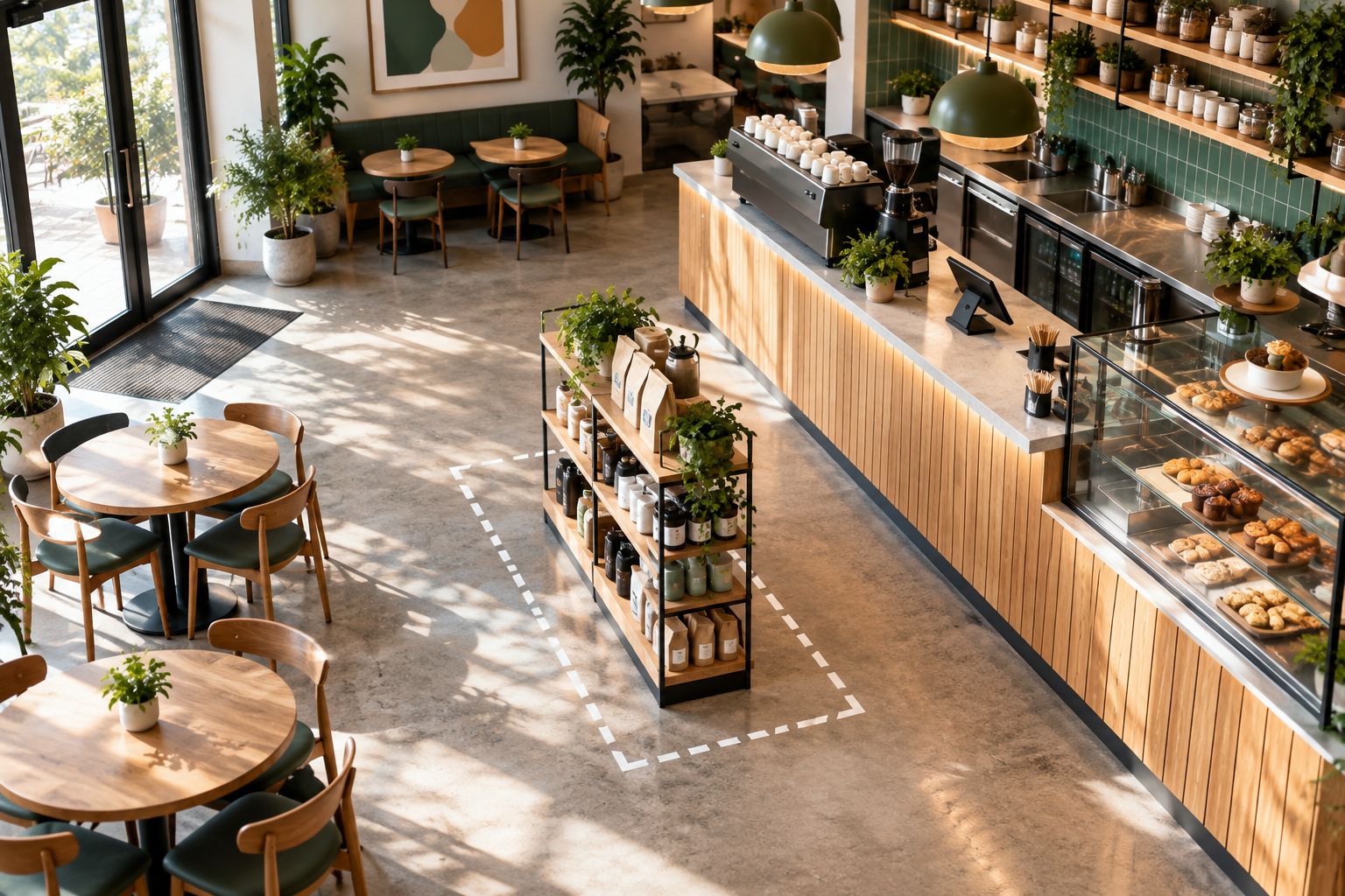 Cafe floor marked with a proposed display footprint beside an open customer route
