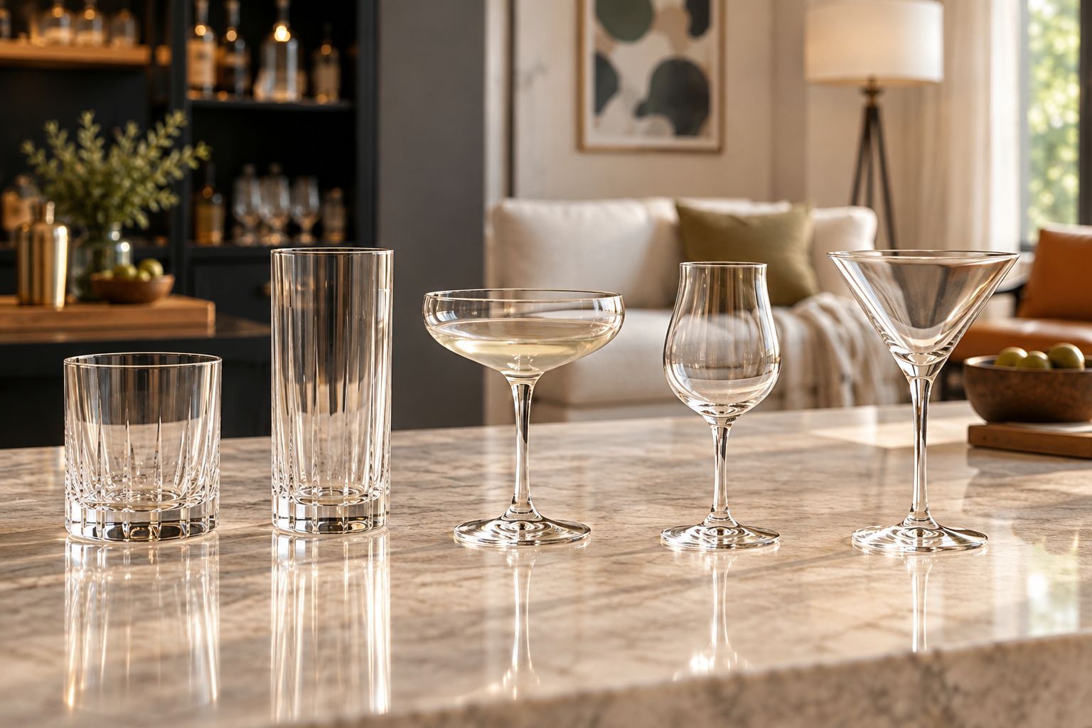 Rocks, highball, coupe, Nick & Nora, and martini glass shapes viewed side by side