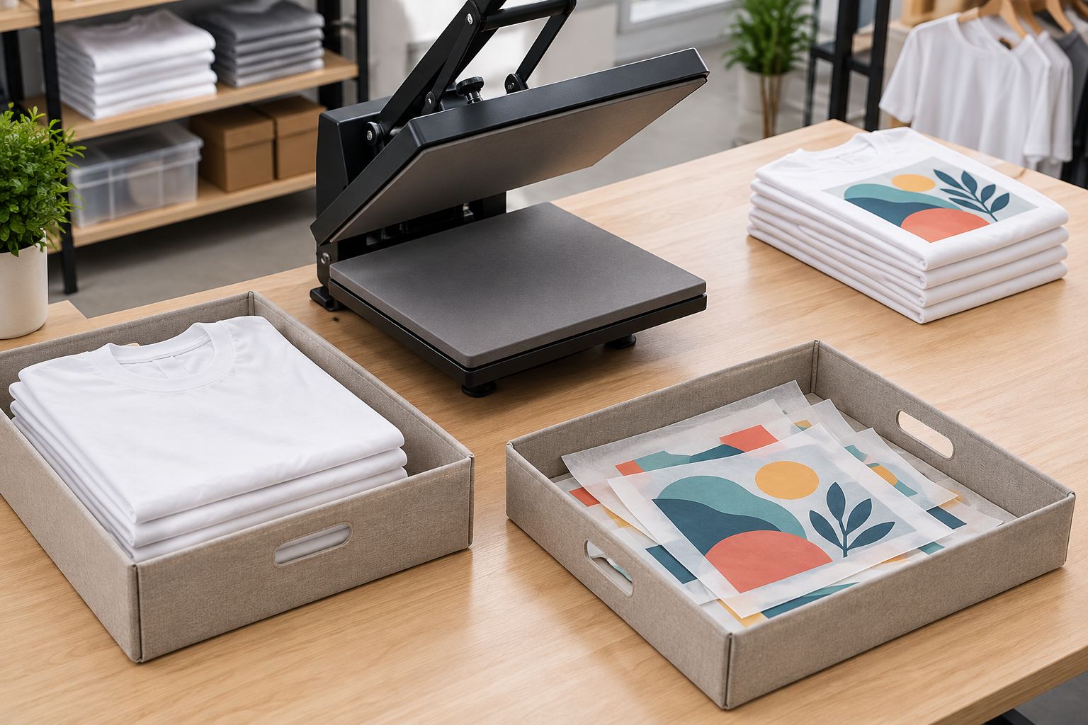 Heat-press workstation with separate areas for blank garments, transfer pieces, and finished shirts