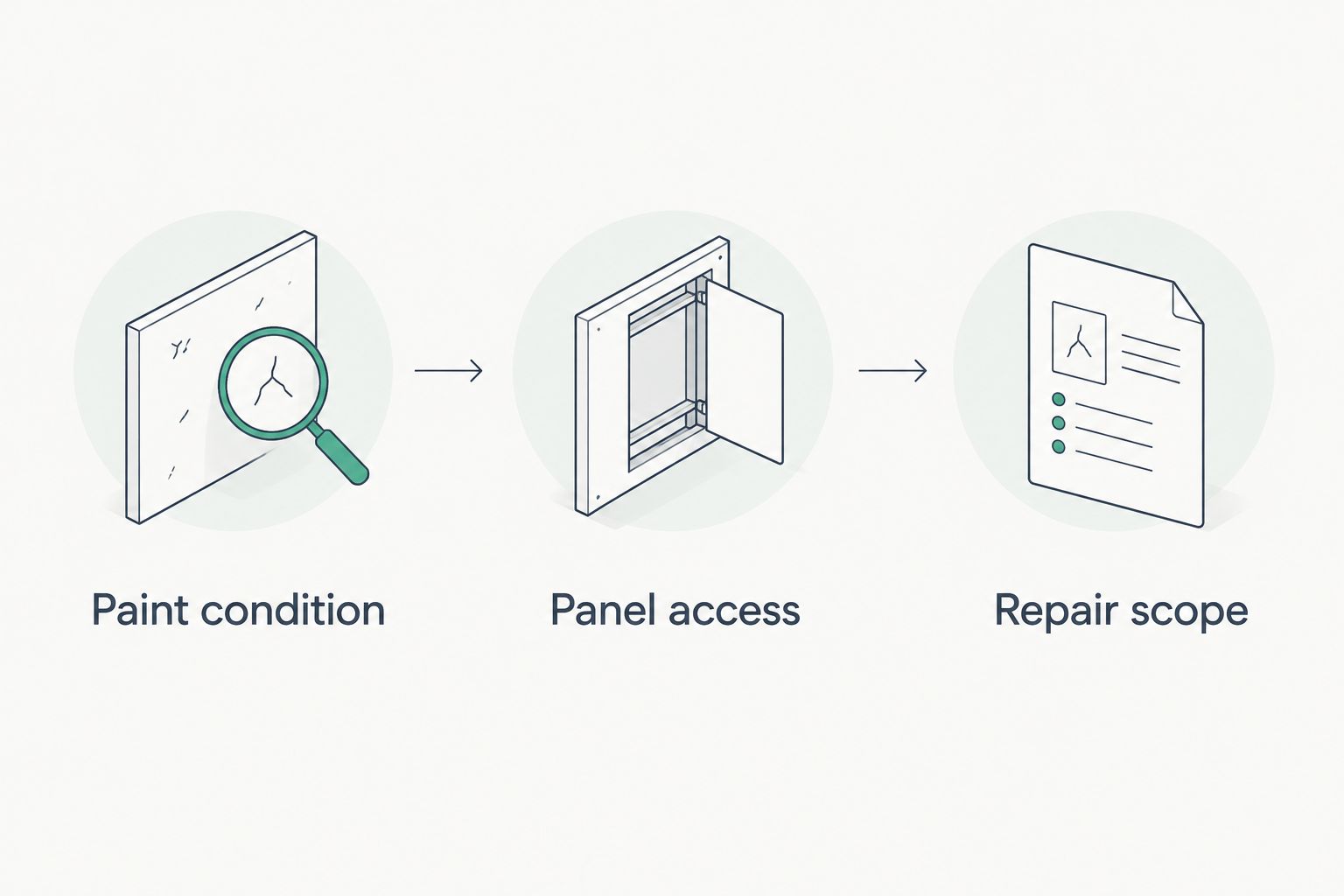 Three booking checks: paint condition, panel access, and repair scope