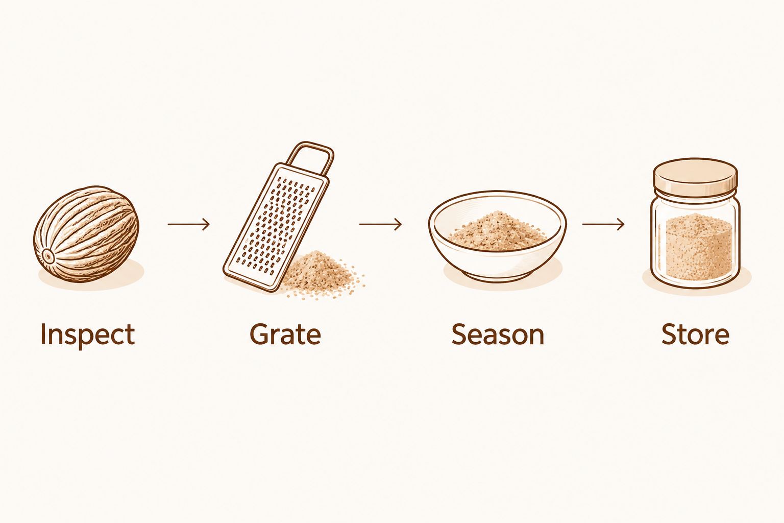 Four stages of handling whole nutmeg: inspect, grate, season, and store.
