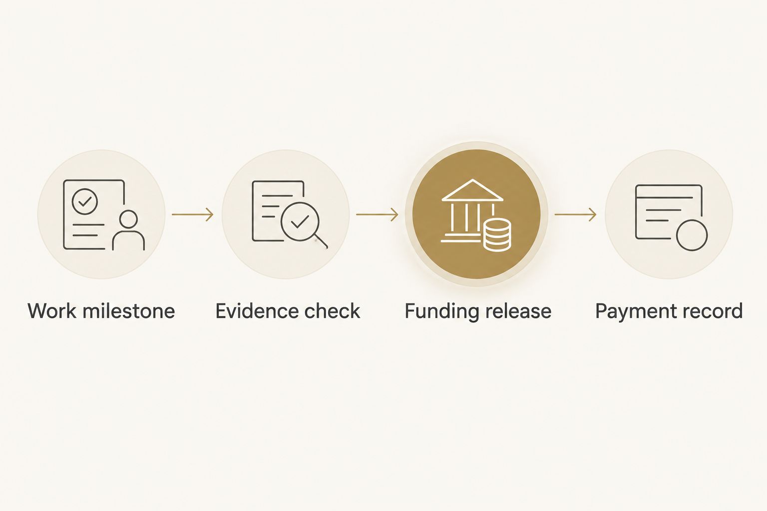Payment workflow connecting a work milestone, evidence check, funding release and payment record