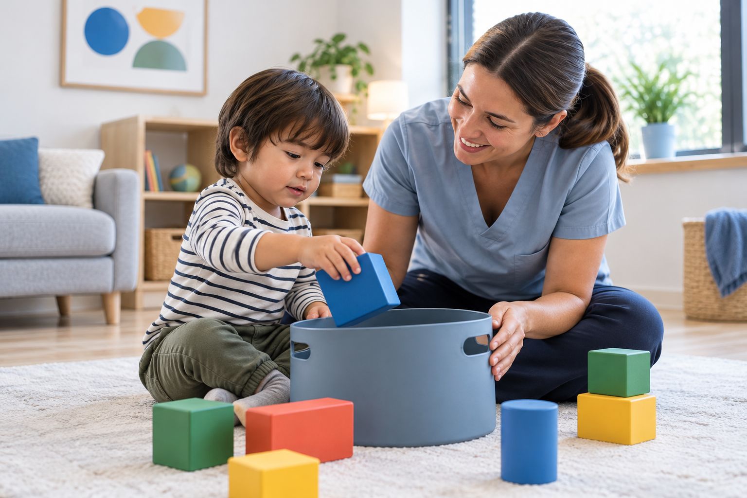 A caregiver and toddler explore large blocks and a container during shared floor play