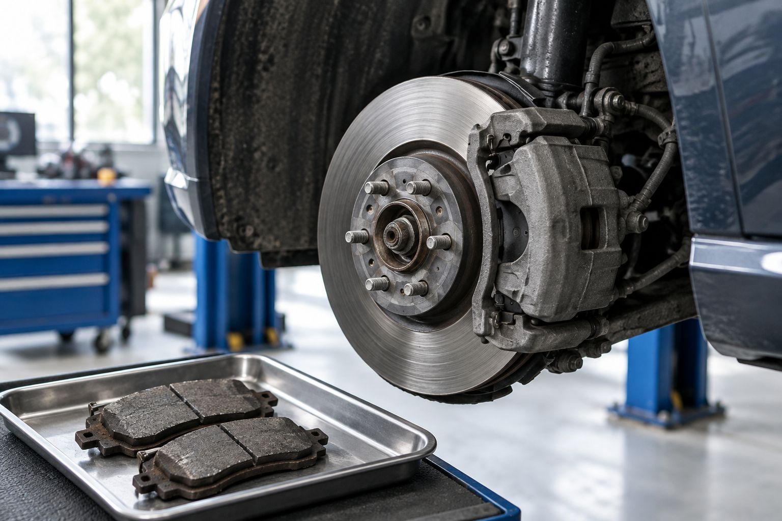 Disc brake assembly and removed brake pads showing the components involved in a brake inspection