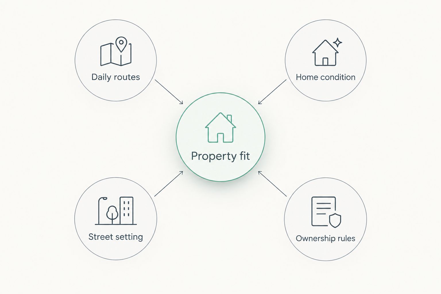 Property fit connected to daily routes, home condition, street setting, and ownership rules