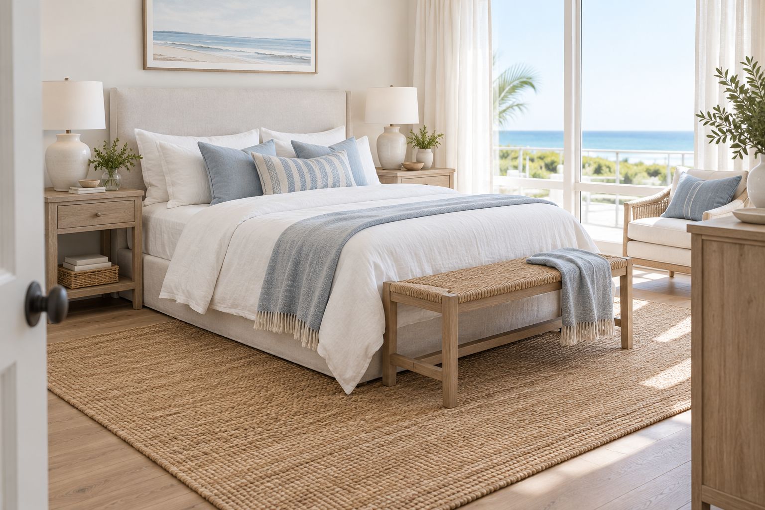 Hamptons-inspired bedroom with pale upholstery, light timber furniture and layered white bedding.