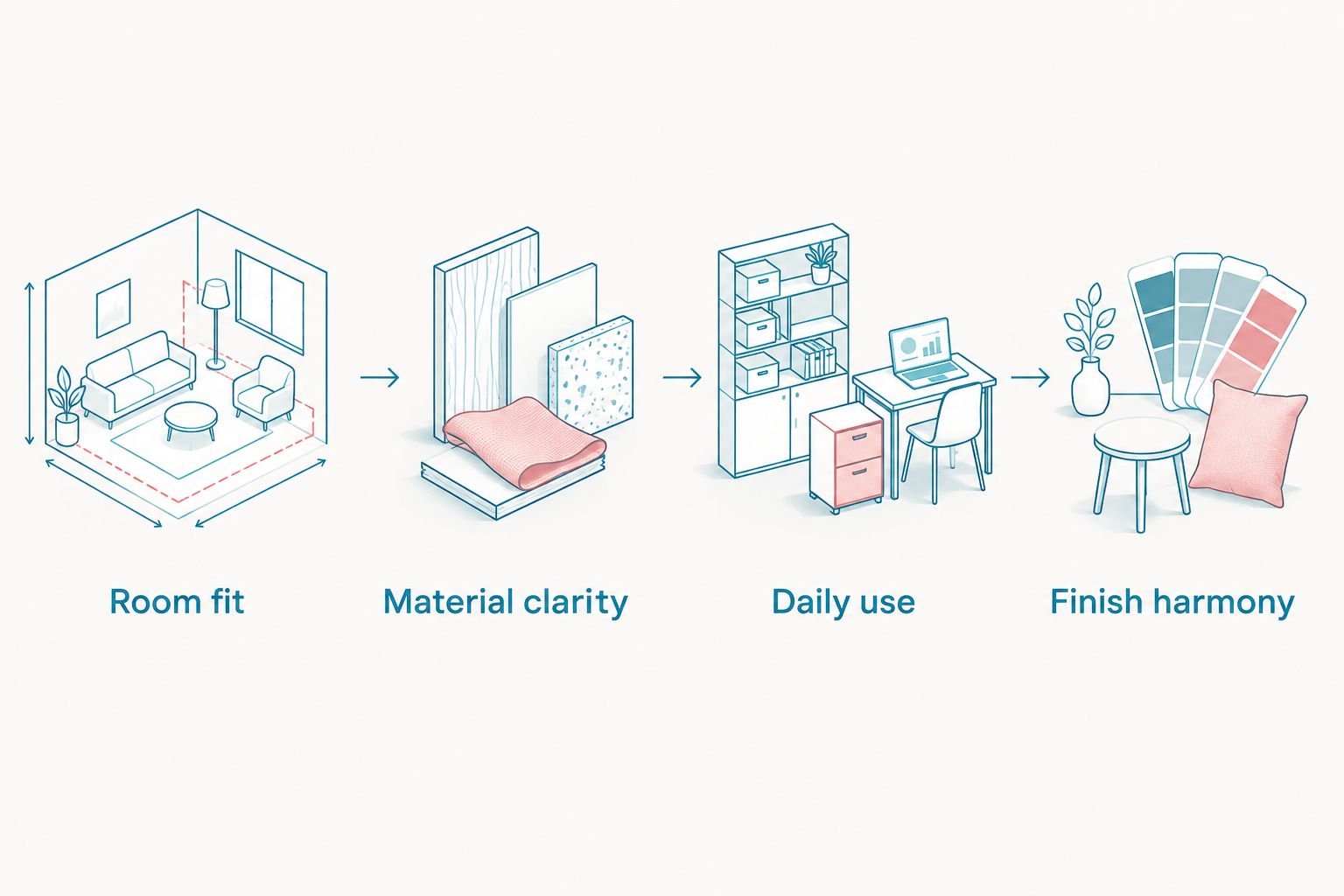 Four furniture-selection priorities: room fit, material clarity, daily use and finish harmony.