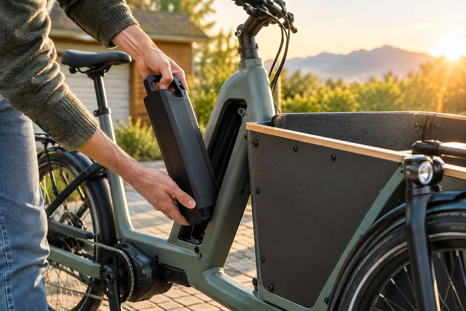 Handen tillen een afneembare accu uit een bakfiets in daglicht