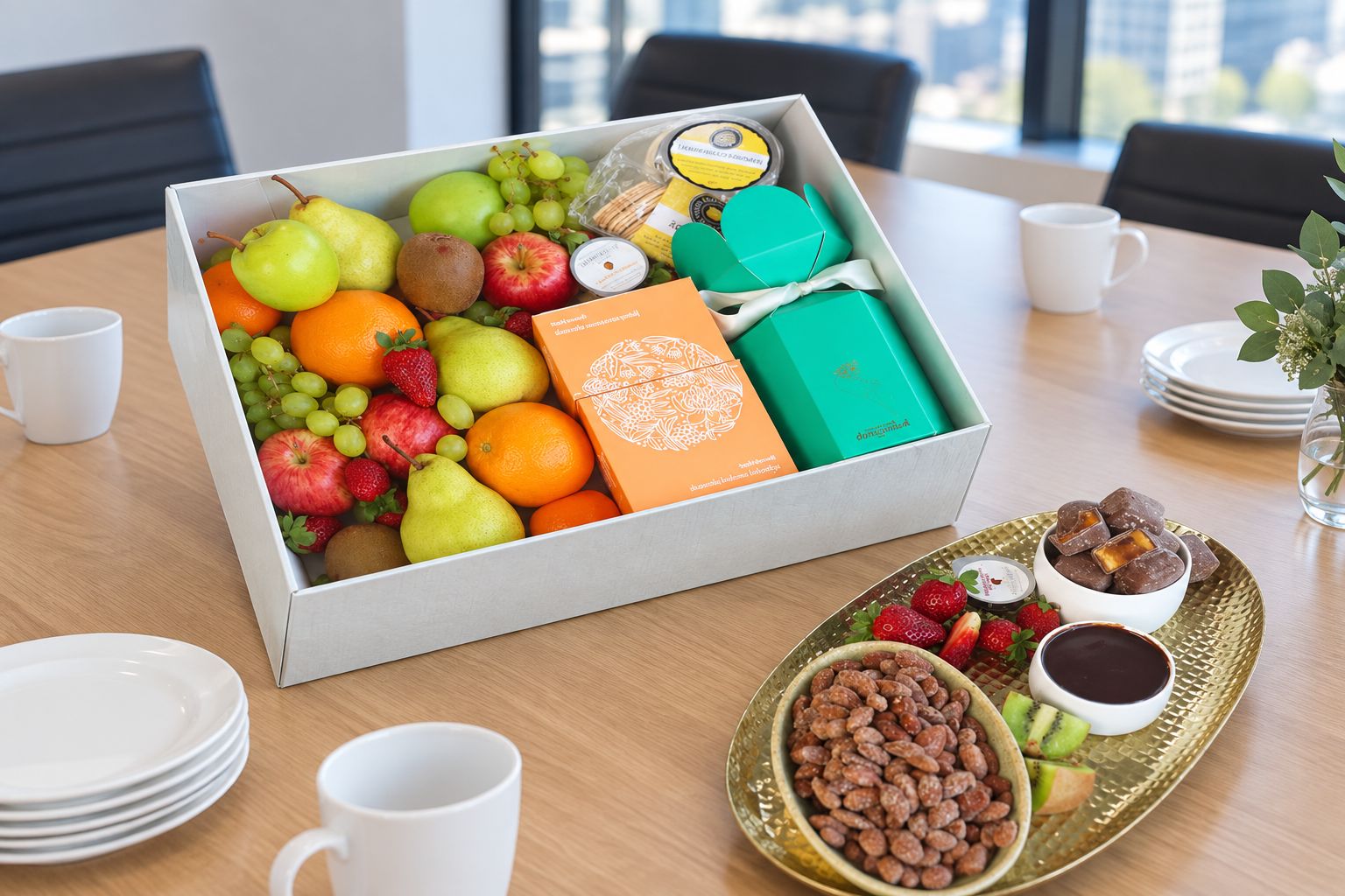 Fruit and cheese box set out on an office table for a shared morning tea