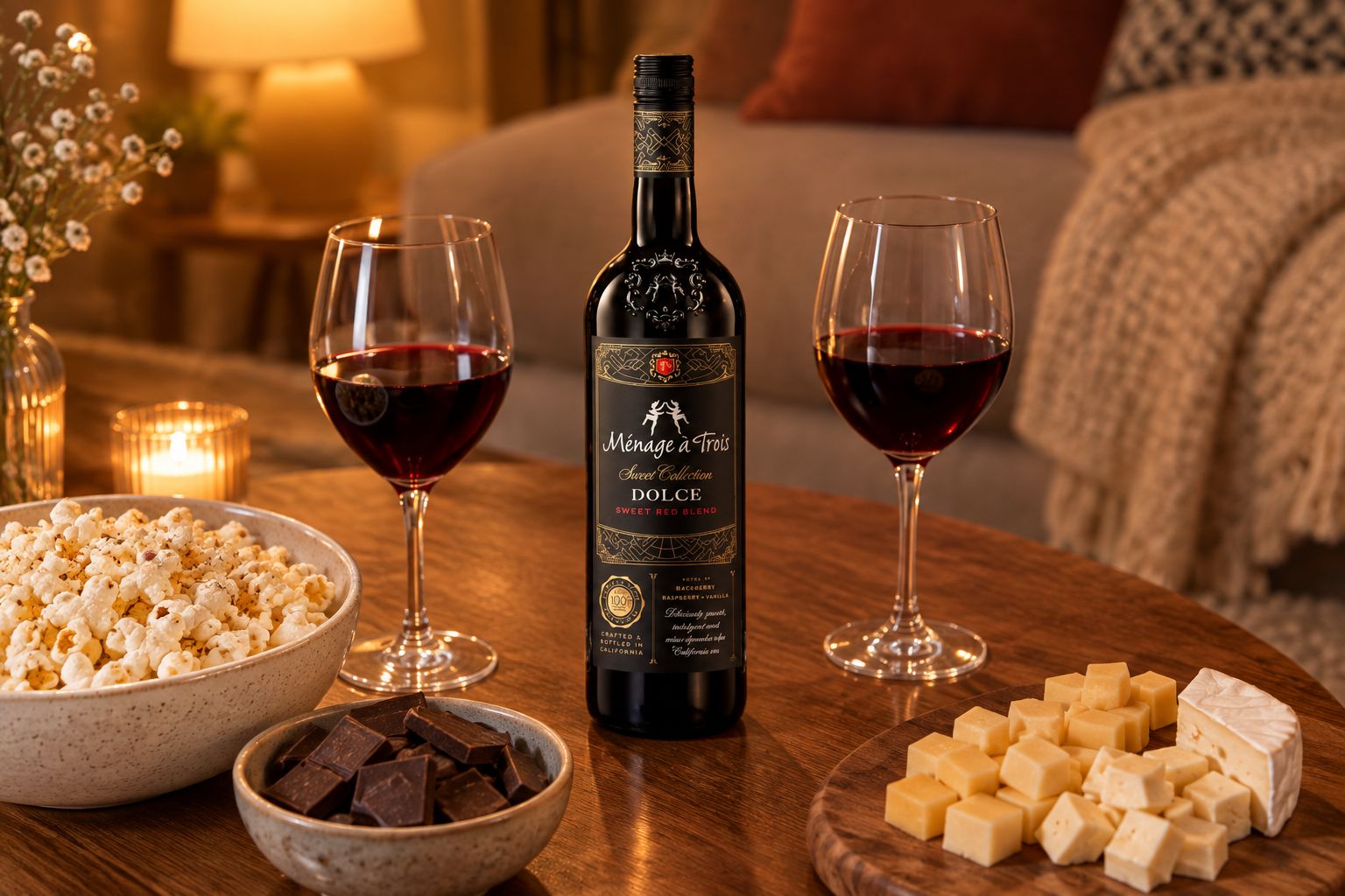 Bottle of sweet red wine on a coffee table with snacks for a girls night in