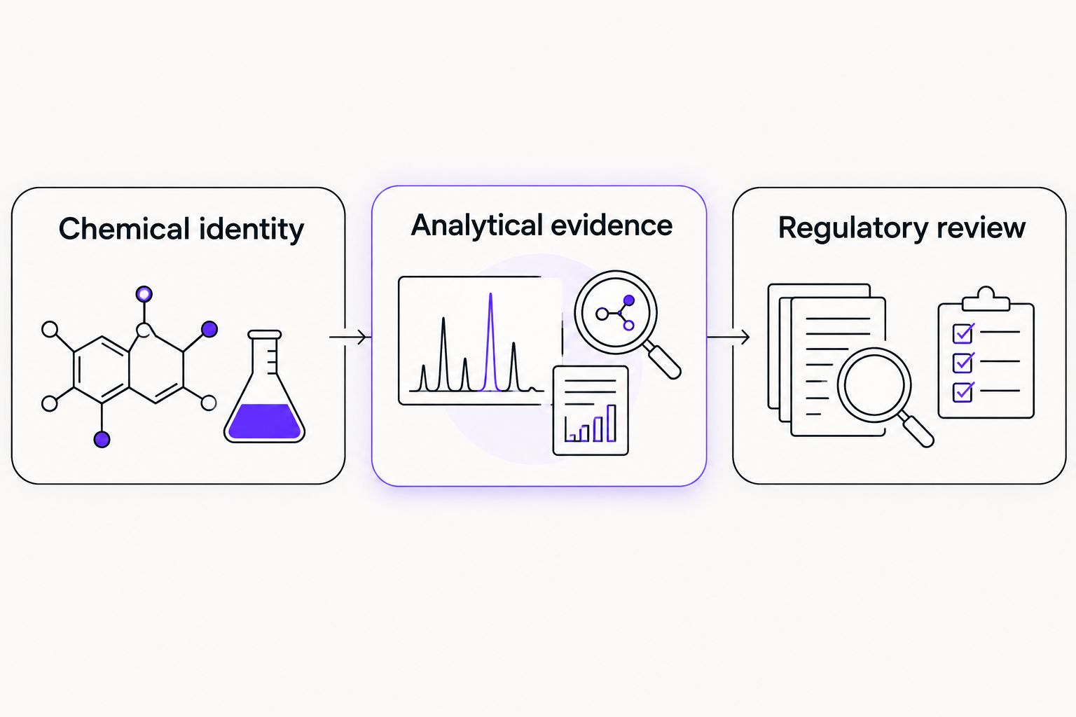 Three distinct review stages: chemical identity, analytical evidence, and regulatory review.