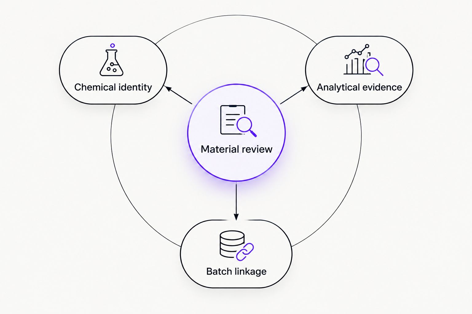 Material review connects chemical identity, analytical evidence, and batch linkage.
