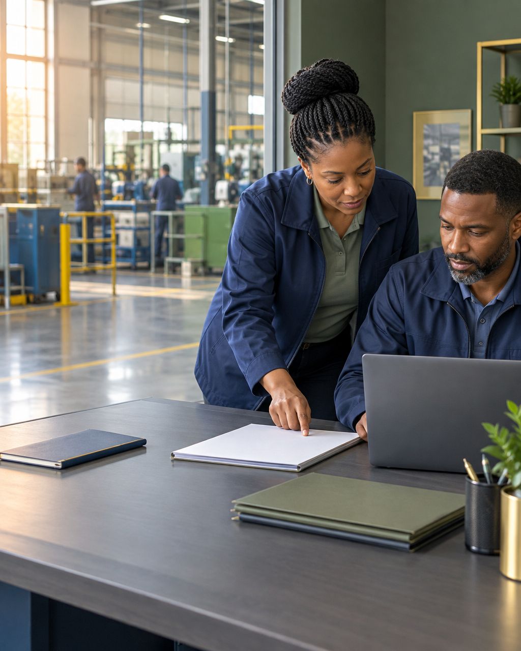 Illustrative scene of two African American manufacturing professionals reviewing fictional safety records beside a production floor; not GigLine staff or clients