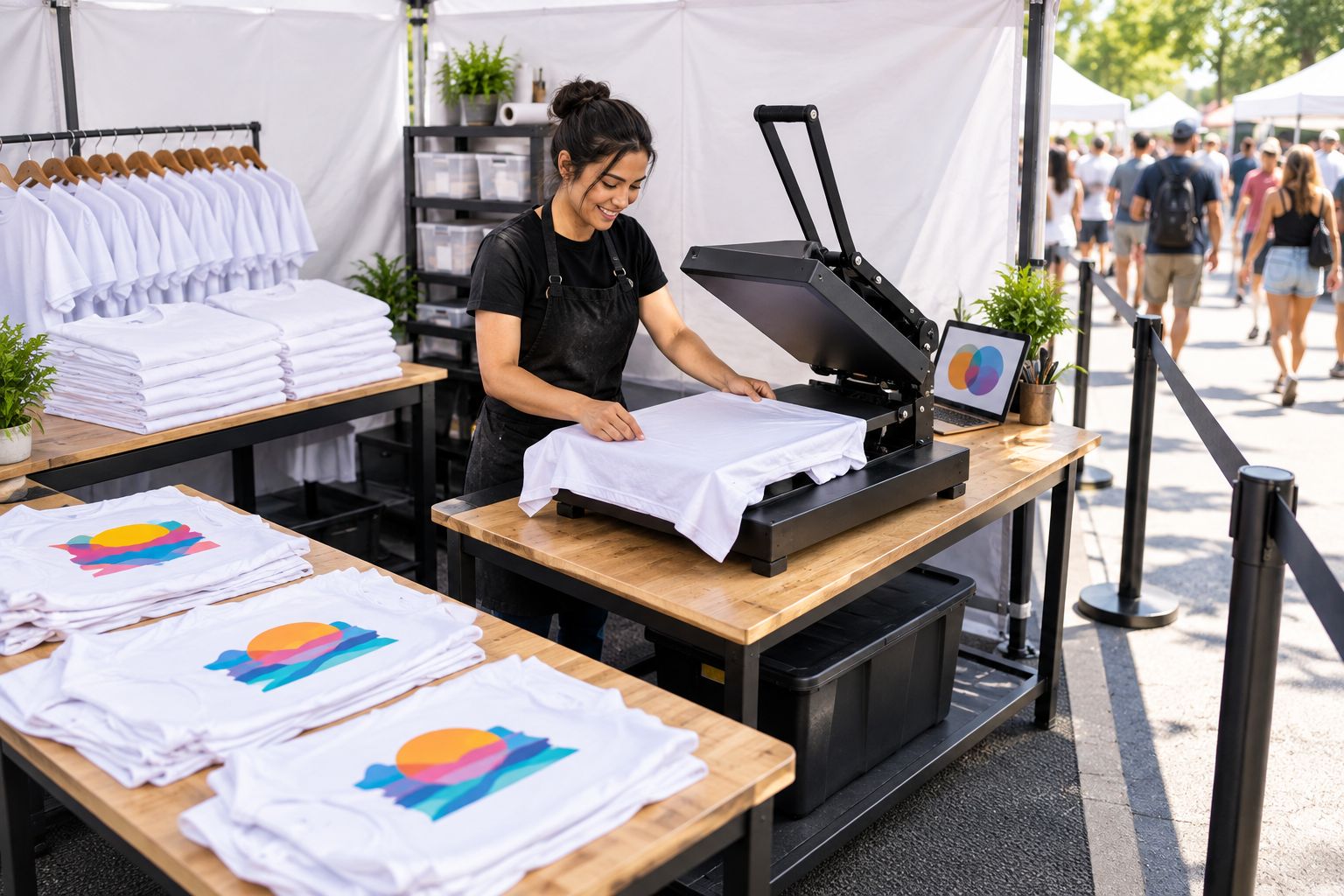 Event booth with separate garment preparation, heat-press, and finished-order inspection areas