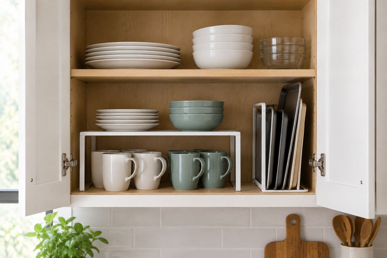 Cabinet shelf riser separating dishes beside an upright baking-sheet divider