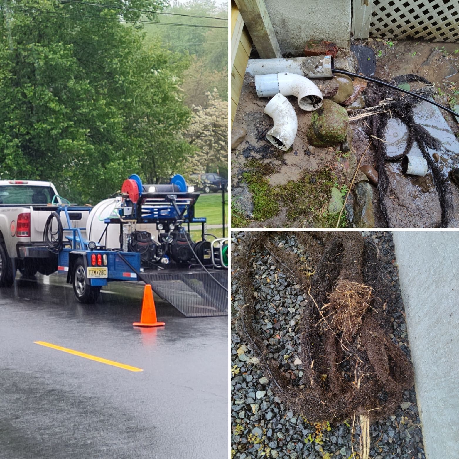 Statewide Sewer and Drain hydro jetting rig clearing roots from a drain line