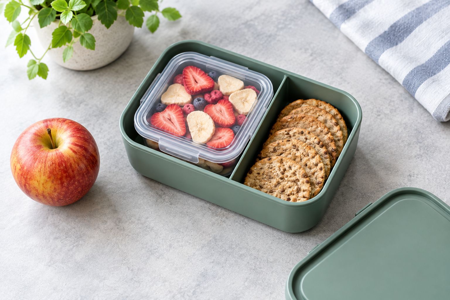 School lunchbox with dry fruit crisps, separate crackers, and a whole apple