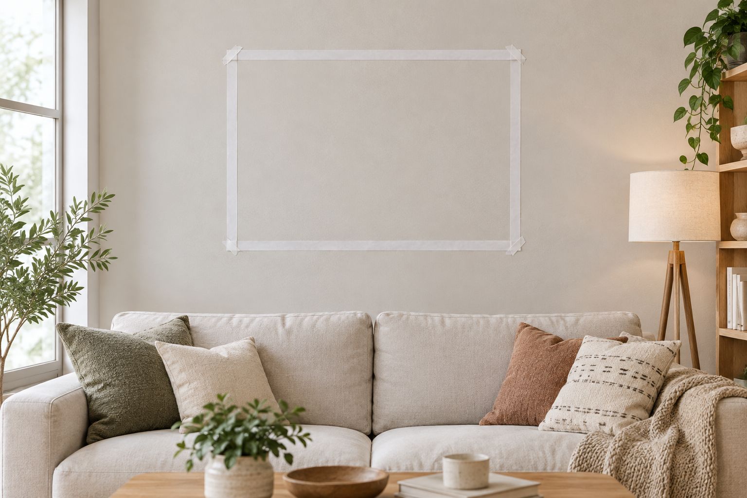Paper strips marking a planned framed-art footprint above a sofa