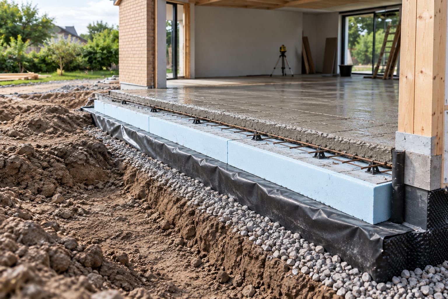 Tværsnit af et nystøbt terrændæk med bærelag, isolering og betondæk