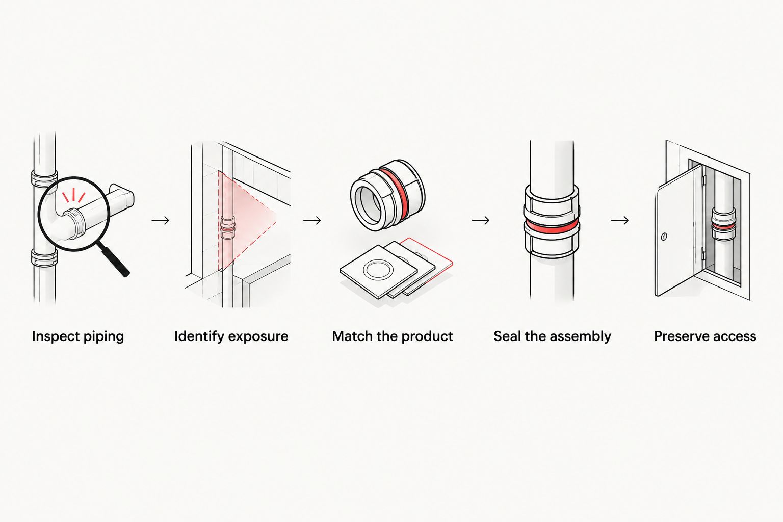 Pipe insulation selection sequence from inspecting piping to preserving service access