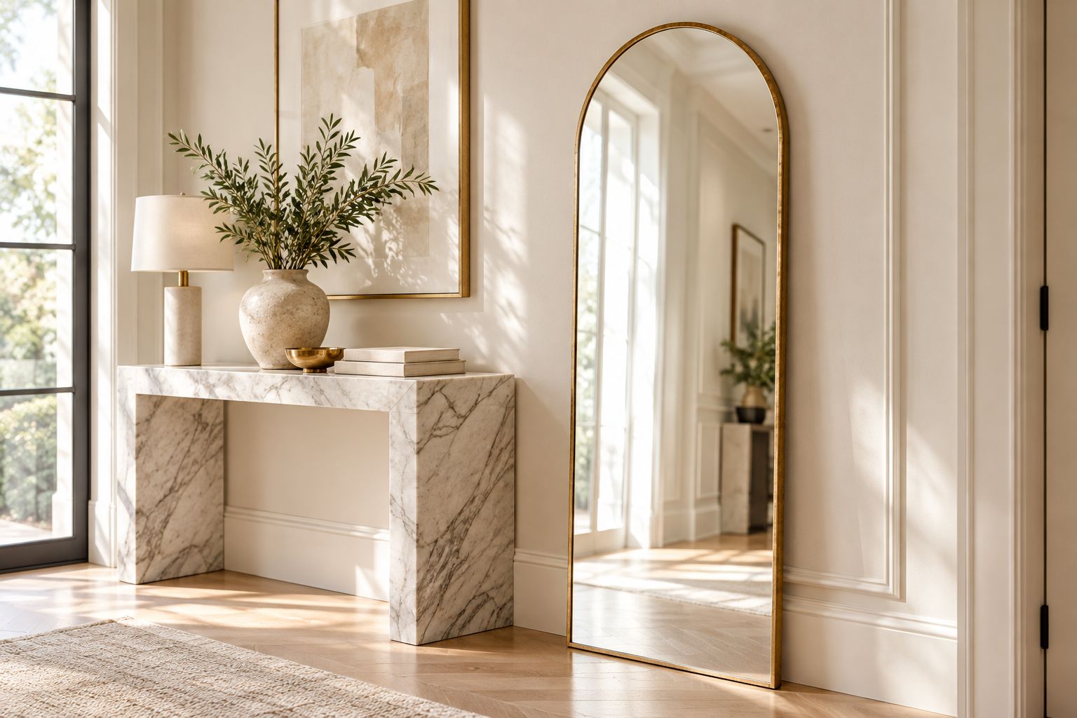 Archibald gold leaf arched floor mirror in a hotel-style entryway