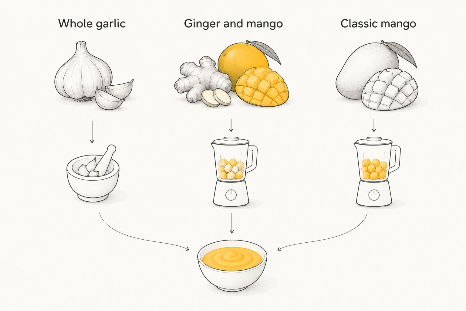 Three ingredient-led choices: whole garlic, ginger and mango, and classic mango
