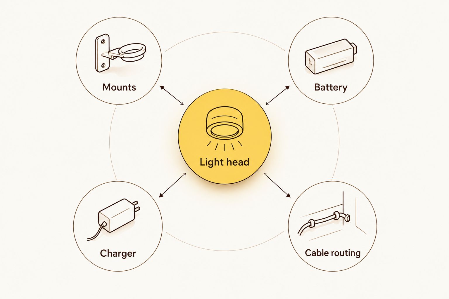 A light head connected to checks for mounts, battery, charger and cable routing
