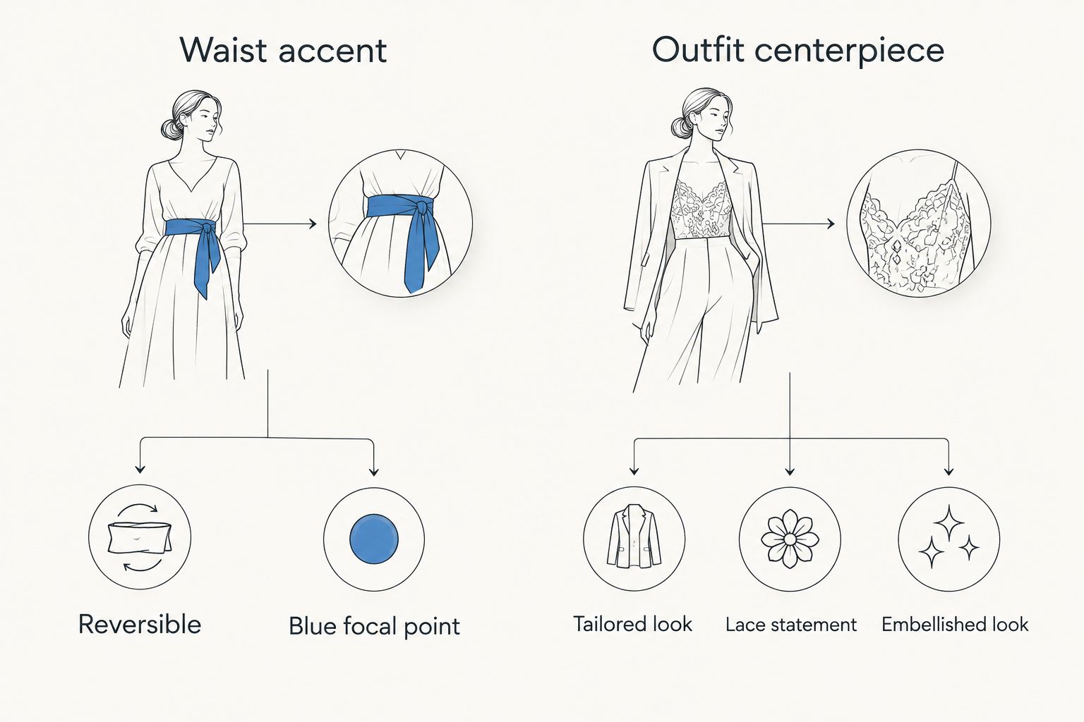 Two-column comparison of waist-accent and outfit-centerpiece corset styling