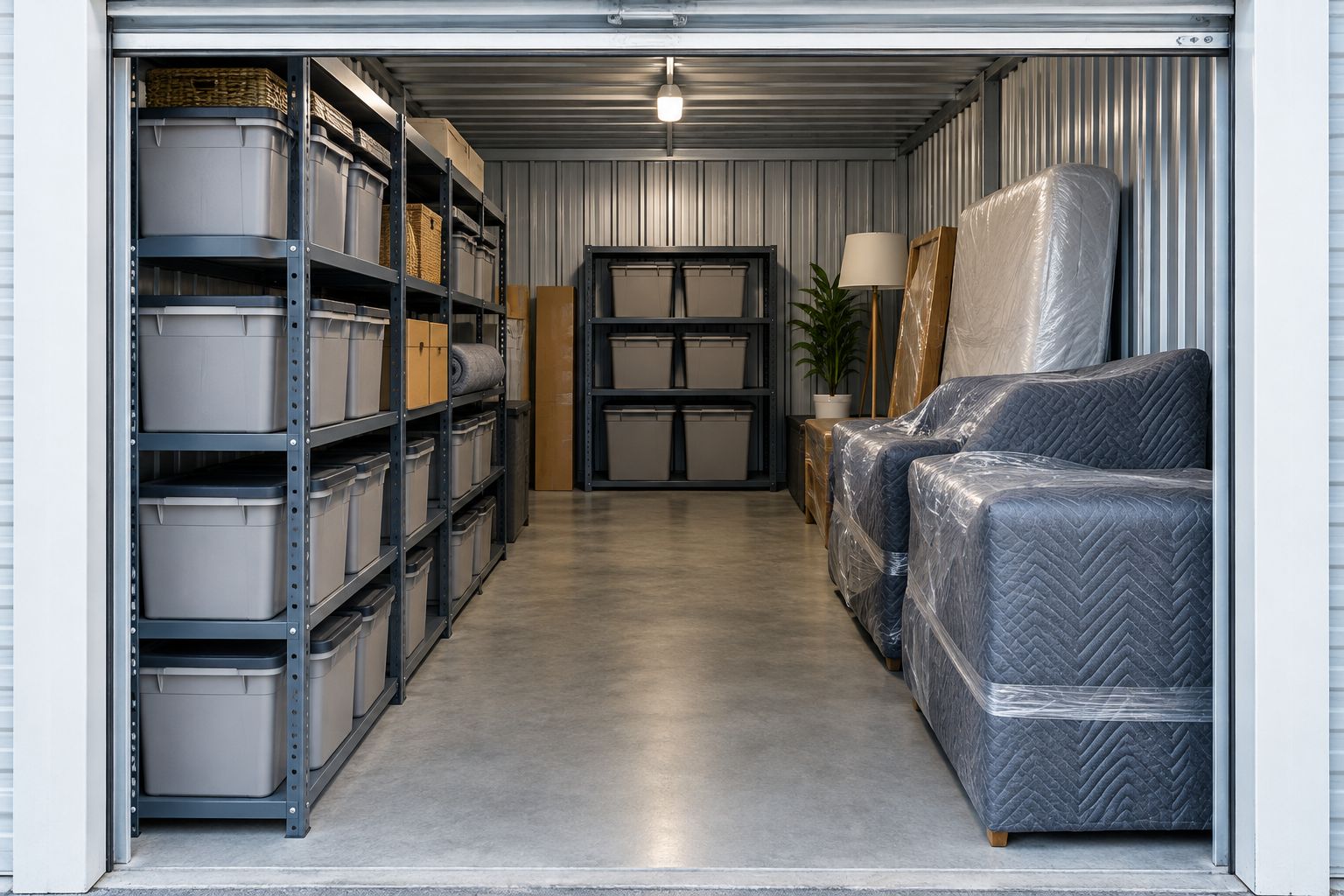 Storage unit with reachable containers, protected furniture, and a clear central aisle