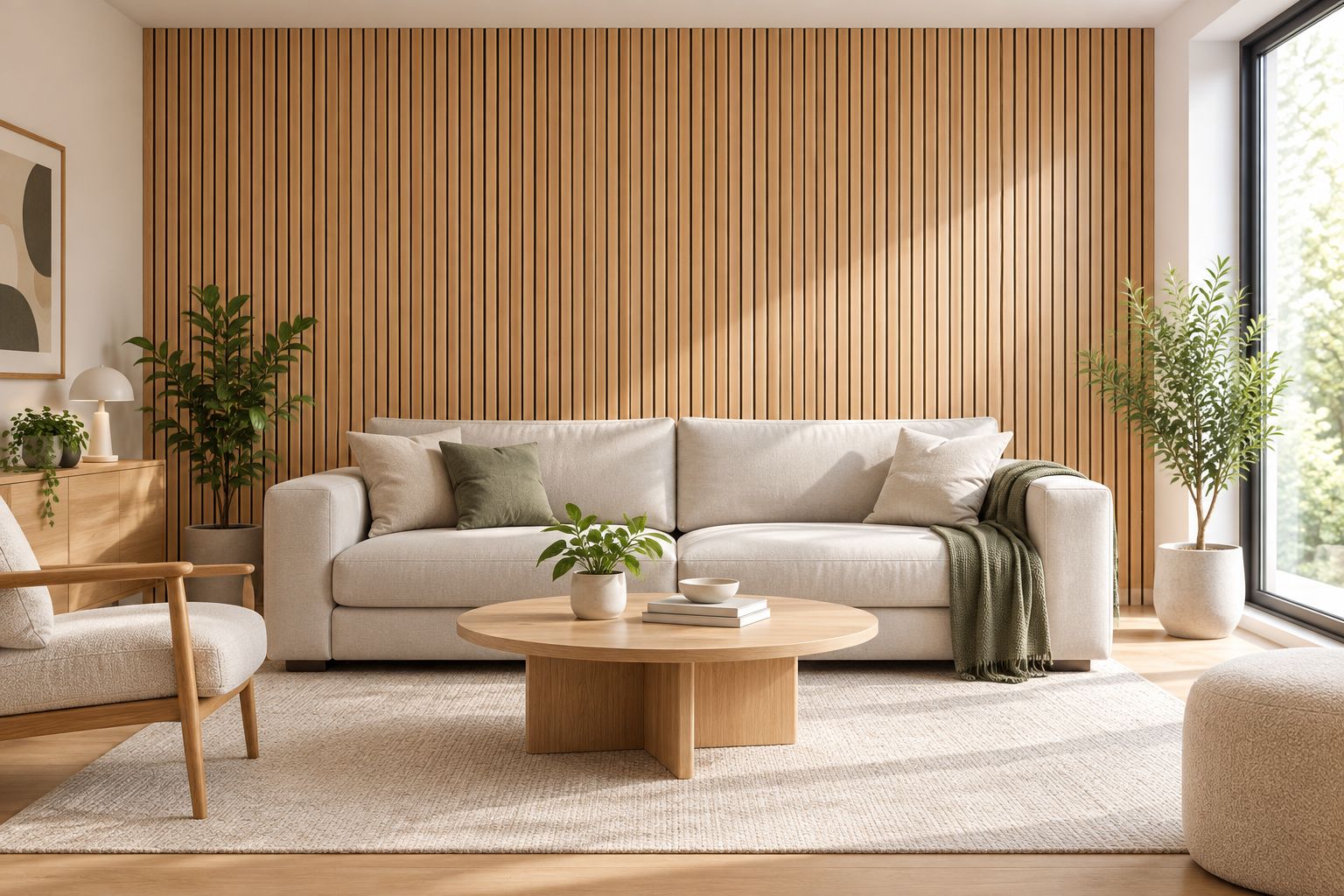 Mur de salon habillé de panneaux de bois à lattes verticales