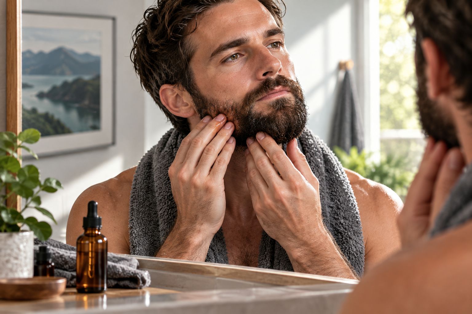 Man applying beard oil to a damp beard after showering