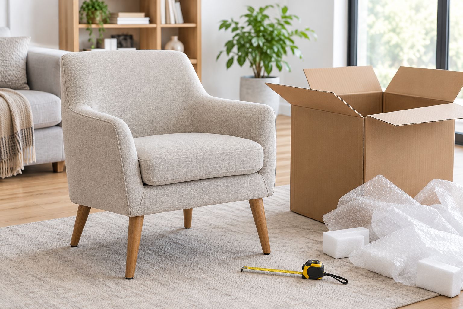 Upholstered accent chair beside retained packaging and a tape measure during delivery inspection