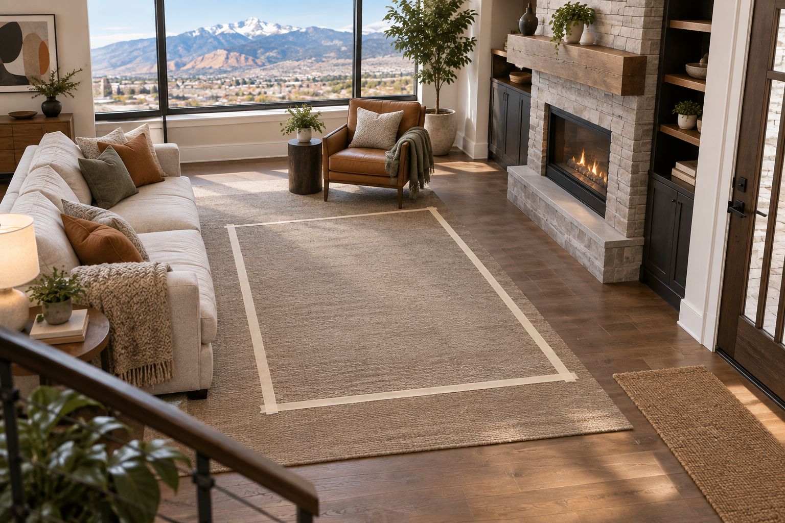 A taped furniture footprint beside a sofa shows how a proposed piece affects the walking path.