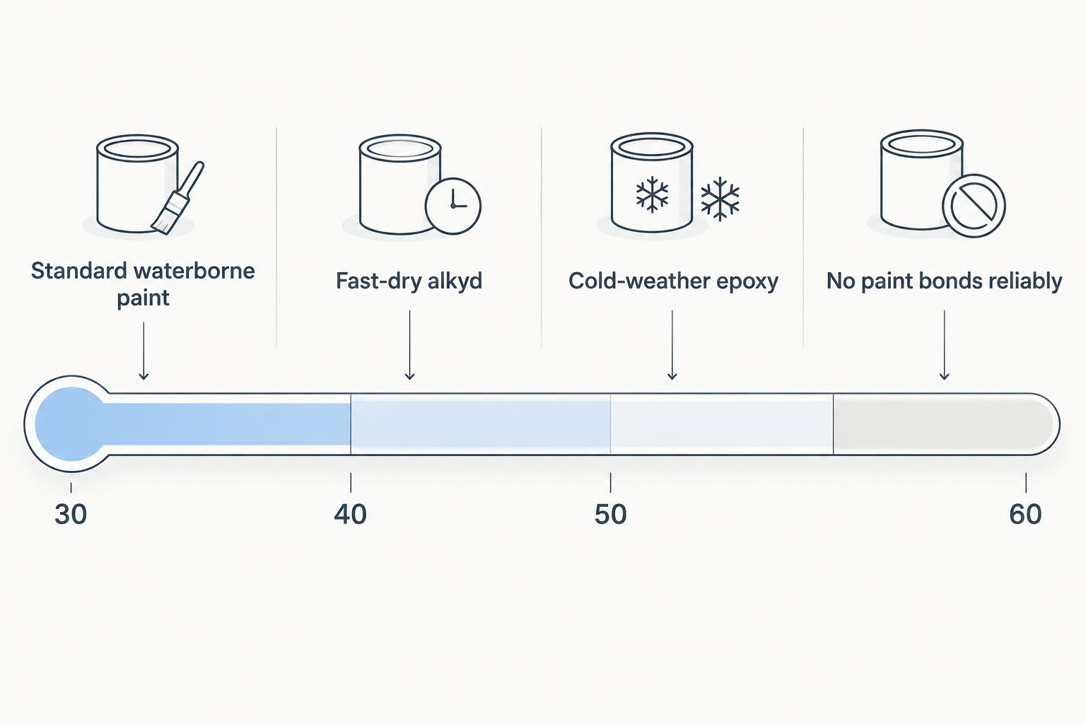 Temperature scale showing which striping paint types work at which winter temperatures