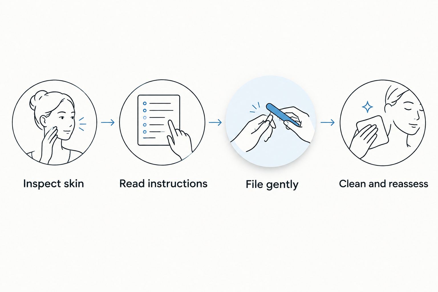 Foot-care sequence: inspect skin, read instructions, file gently, then clean and reassess