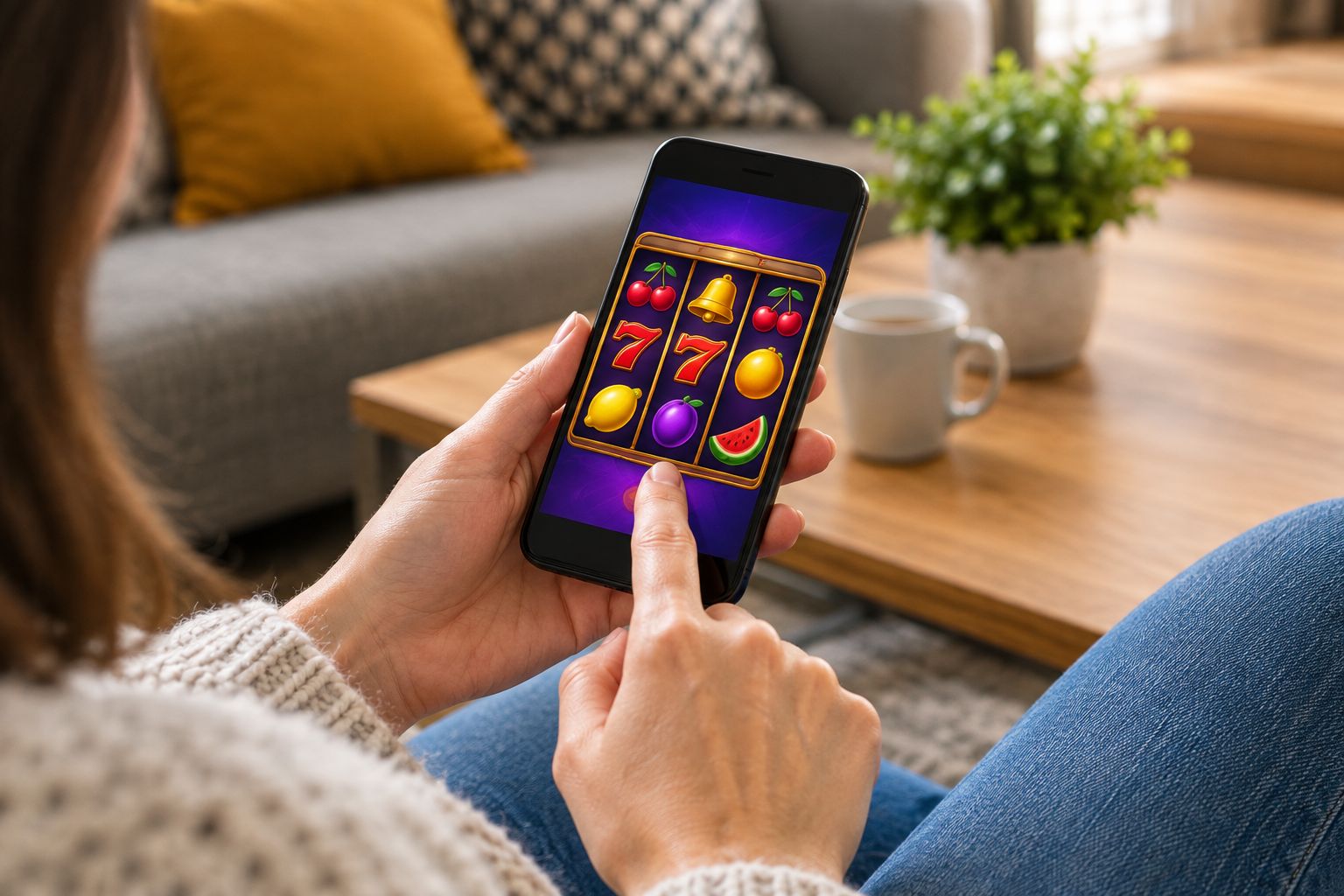 Phone showing classic fruit machine style reels with cherries and bars