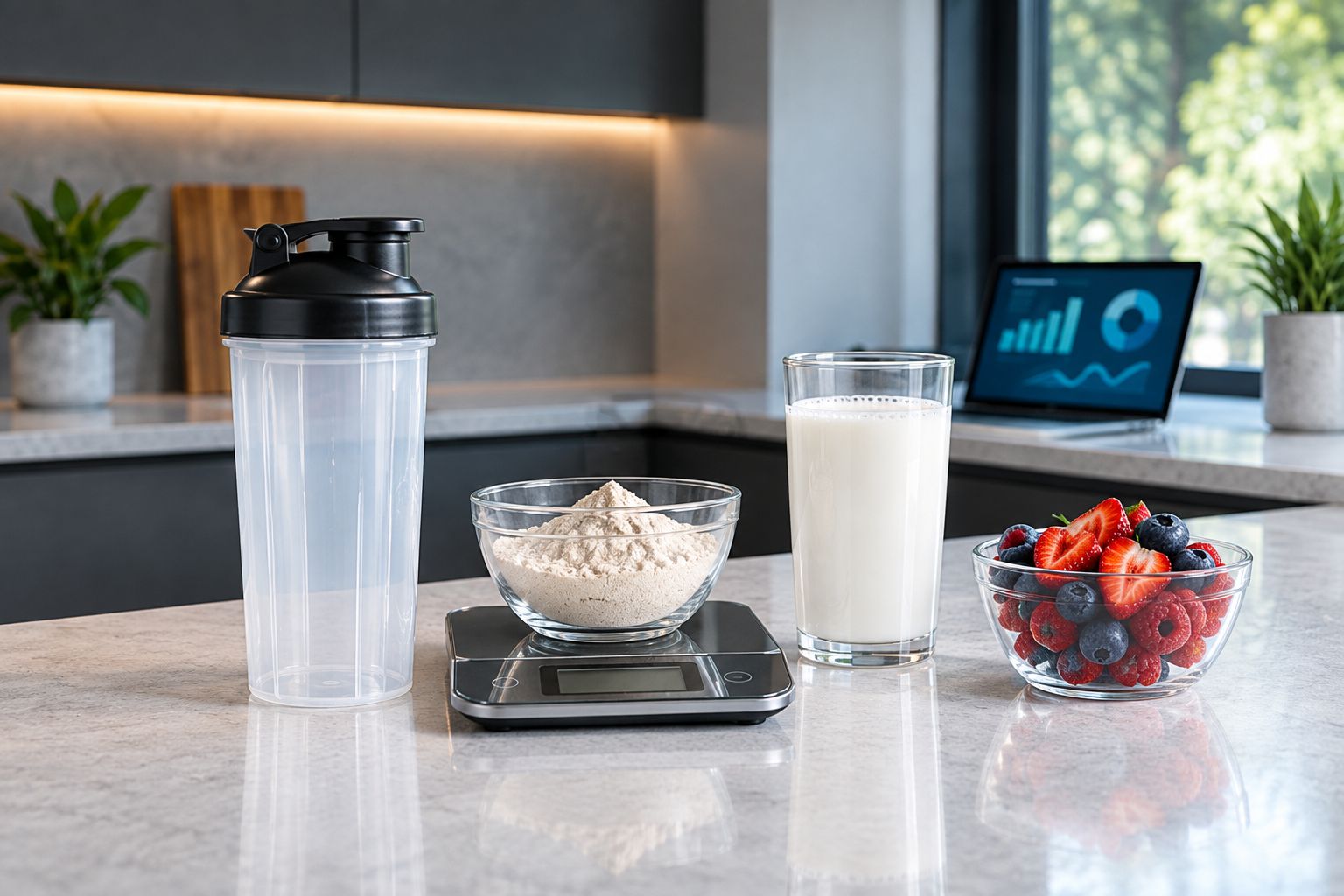 Shaker, measured powder, milk, and berries separated on a kitchen counter